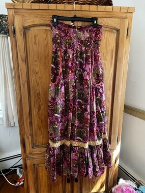 Fire Los Angeles Boho Floral Strapless Maxi Dress in Purple and pink